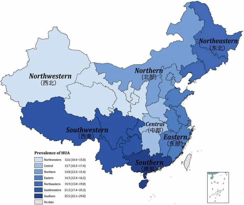 华南地区和西南地区，15岁以上人群高尿酸血症的患病率领跑全国丨原图：参考资料1