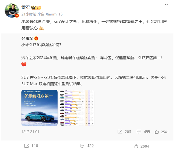 雷军：小米SU7设计之初就要做冬季续航之王 让北方用户用着放心