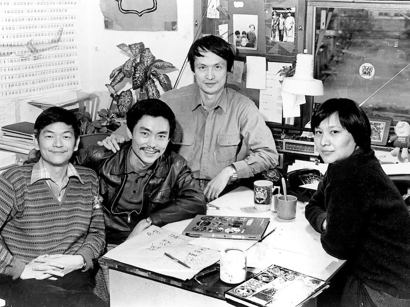 1974年时的“汉声四君子”，左起：姚孟嘉、奚松、黄永松、吴美云。