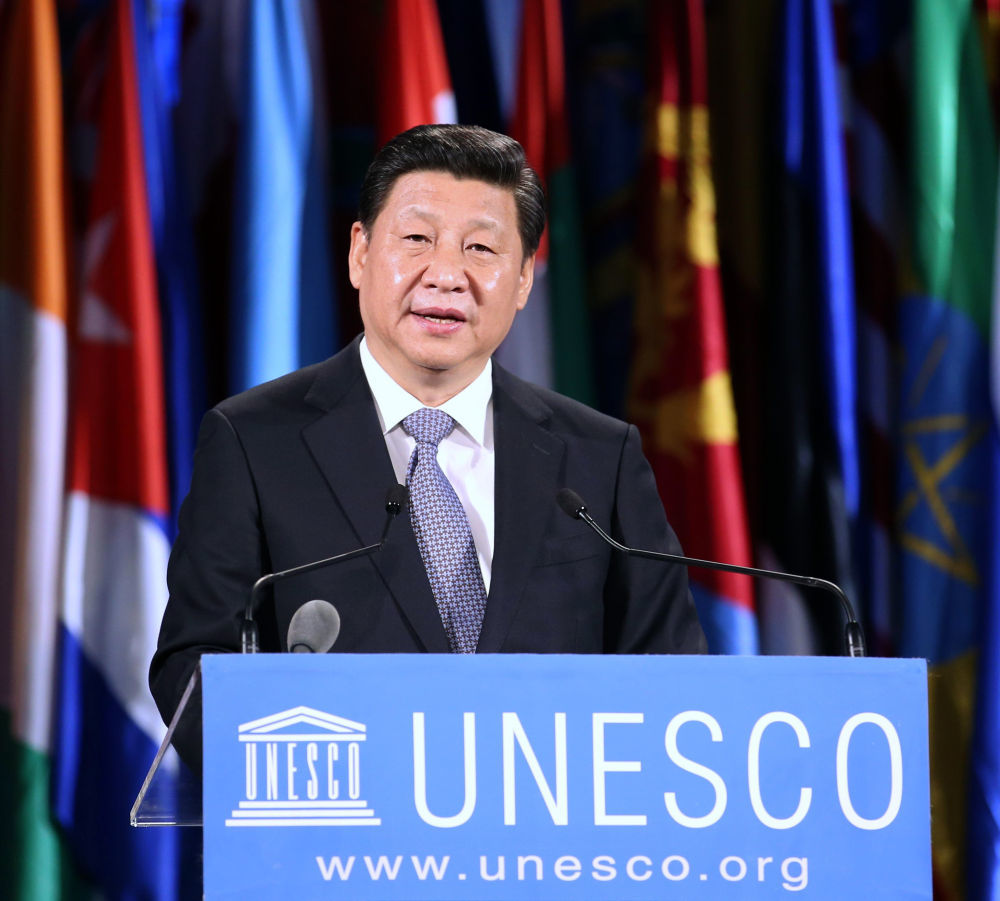 2014年3月27日,习近平在巴黎联合国教科文组织总部发表重要演讲。新华社记者 姚大伟 摄
