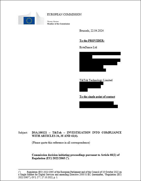欧盟委员会向TikTok发出的调查通知。（图源：欧盟委员会内部市场委员布雷顿X账号）