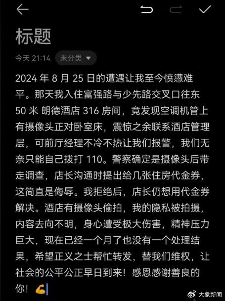 当事人回应入住酒店发现摄像头差评后反遭起诉：等待调查结果