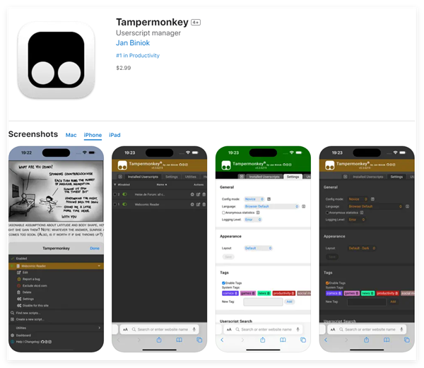 篡改猴Tampermonkey上架苹果商店!售价21元、Safari可用