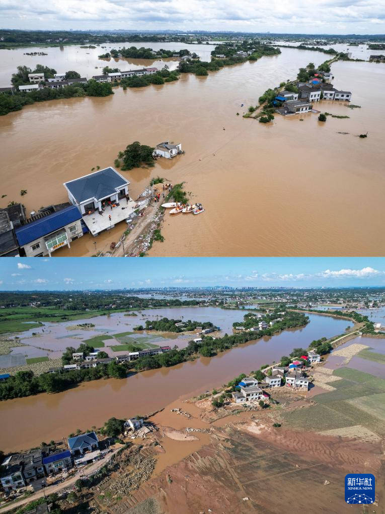 拼版照片：上图为7月29日12时拍摄的湖南省湘潭县易俗河镇四新堤决口现场（无人机照片）；下图为7月30日16时拍摄的湖南省湘潭县易俗河镇四新堤决口现场（无人机照片）。新华社记者 陈思汗 摄