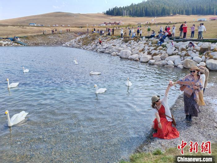 9月21日，新疆赛里木湖湖面波光粼粼，天鹅悠然游弋，秋日风光吸引来自全国各地的游客驻足欣赏、拍照打卡。赛里木湖被誉为“大西洋的最后一滴眼泪”，以其清澈的湖水和四周壮丽的雪山草原而闻名遐迩。中新社记者 王小军 摄