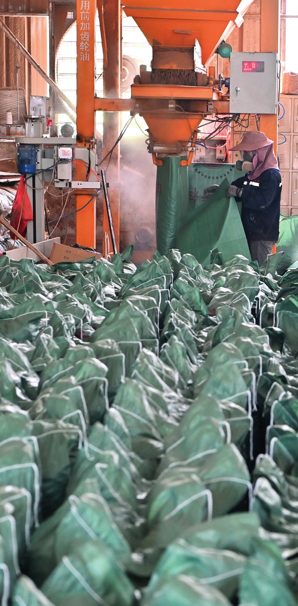 工作人员在广西来宾小平阳镇一家饲料厂将甘蔗叶为主要原料的饲料装袋（2023年12月12日摄）周华摄 / 本刊