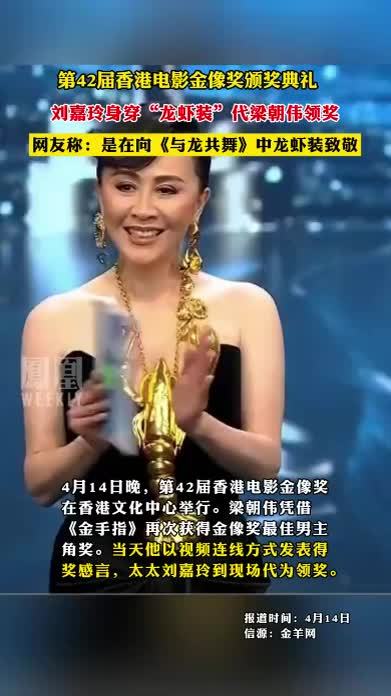 第42届香港电影金像奖颁奖典礼，刘嘉玲身穿“龙虾装”代梁朝伟领奖#刘嘉玲