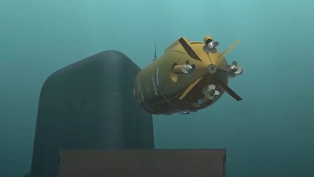 “波塞冬”核动力无人潜航器水下航行设想图，该潜航器可携带核弹头。