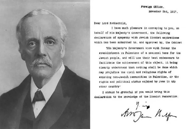 1917年11月2日，英国外交大臣贝尔福致函英国犹太复国主义联盟副主席、银行家罗斯柴尔德，这封信函的内容被称为《贝尔福宣言》