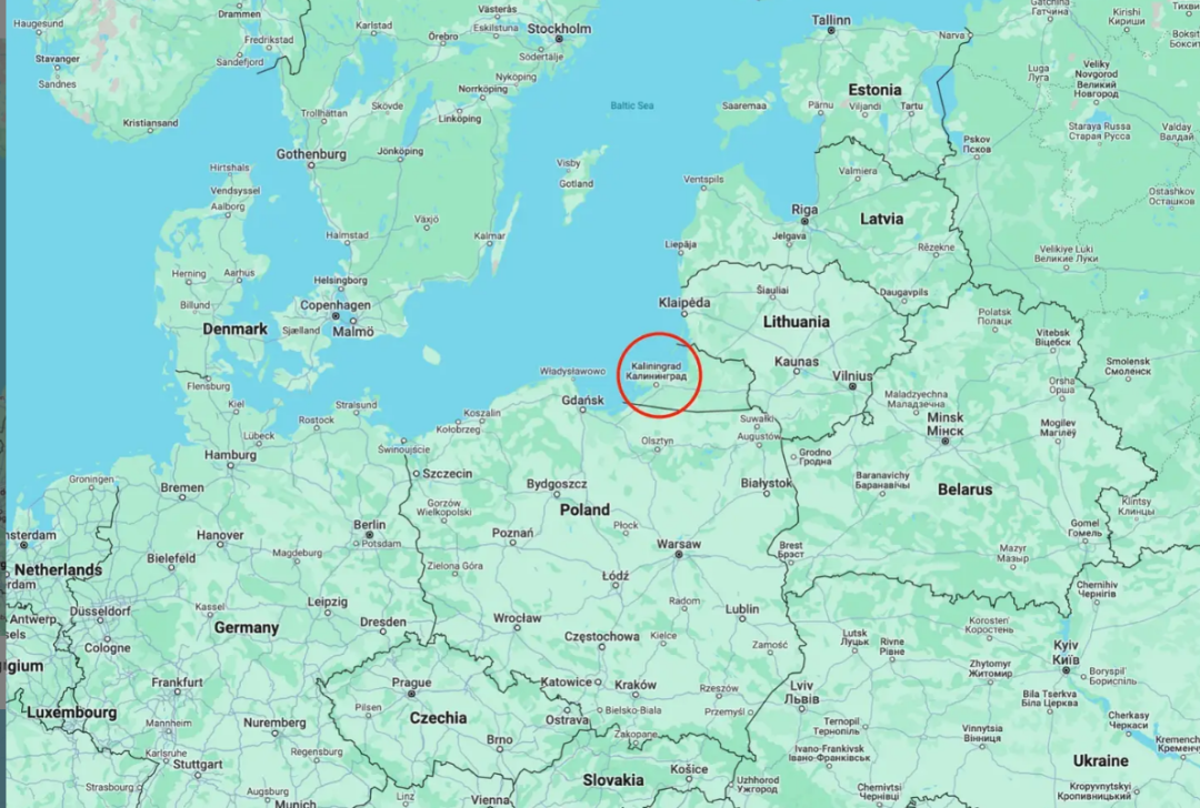 红圈内为加里宁格勒在谷歌地图上的大体位置。