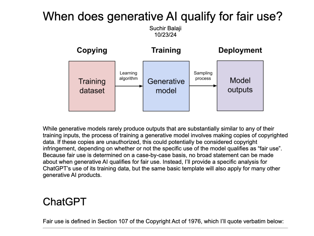 巴拉吉10月发布的《生成式人工智能何时才符合合理使用条件?》文章截图