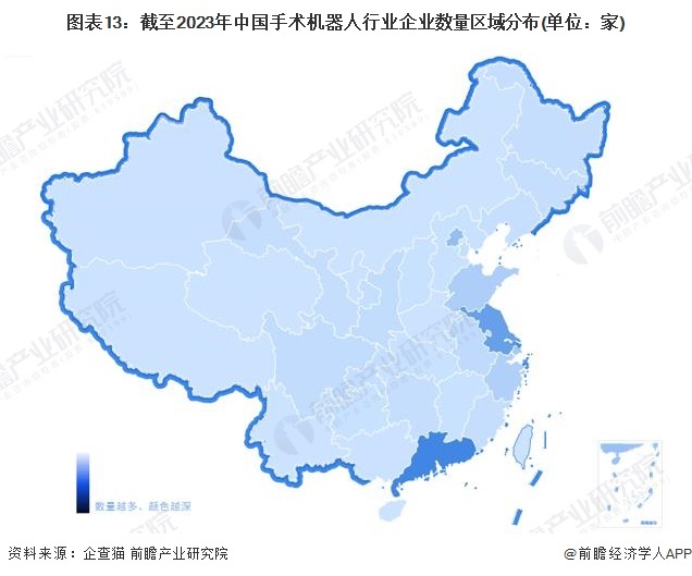 图表13：牺牲2023年中国手术机器东说念主行业企业数目区域散布(单元：家)