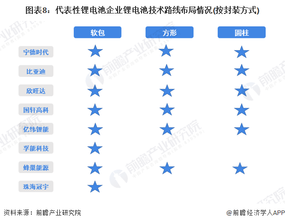 图表8：代表性锂电板企业锂电板时期阶梯布局情况(按封装形势)