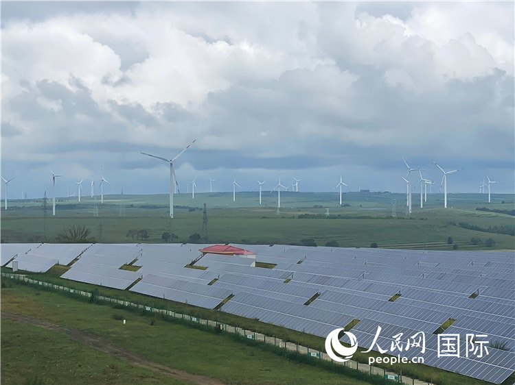 张北国家风光储输示范基地的光伏板与风力发电机。人民网记者 于洋摄