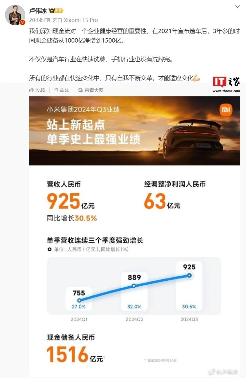 小米卢伟冰：雷总宣布汽车业务投入100亿美元