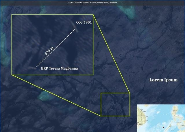 【最新卫星图显示，中国海警5901舰与菲舰船之间的距离缩短到了670米】