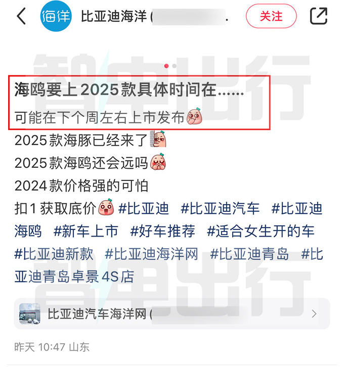 比亚迪销售：2025款海鸥下周上市！增360°全景影像