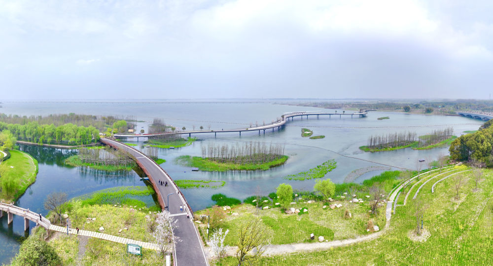这是连接上海青浦和江苏吴江两地的元荡慢行桥（2024年3月31日摄，无人机照片）。