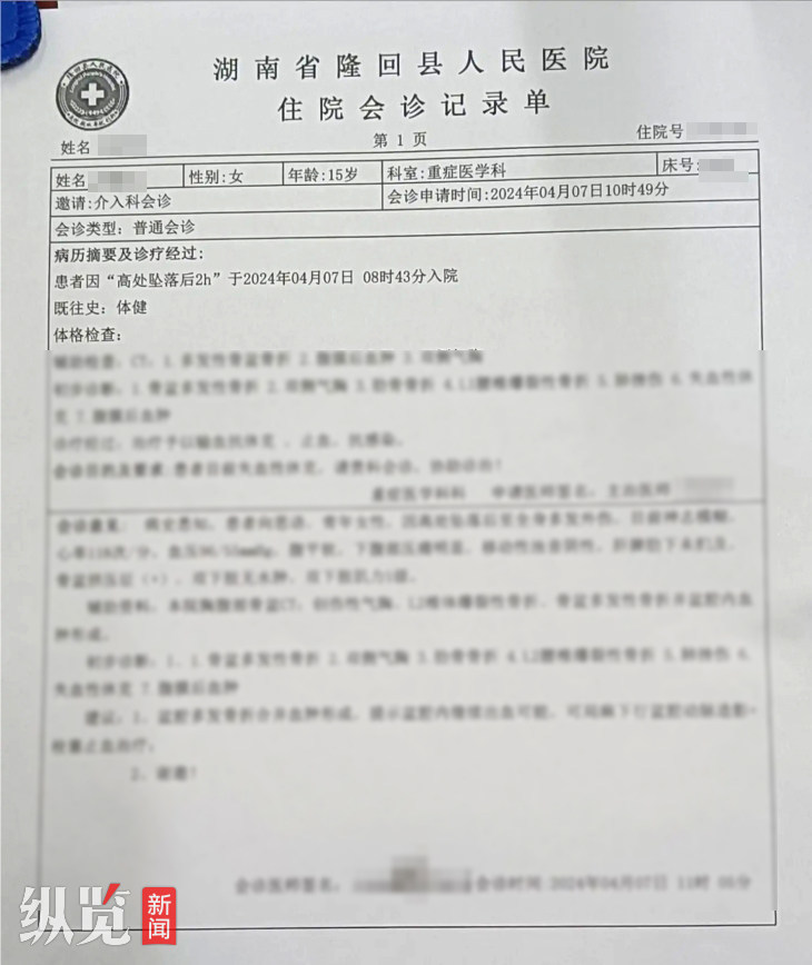 网传湖南省邵阳市隆回县城西中学跳楼学生的住院会诊记录单（来源/网络）