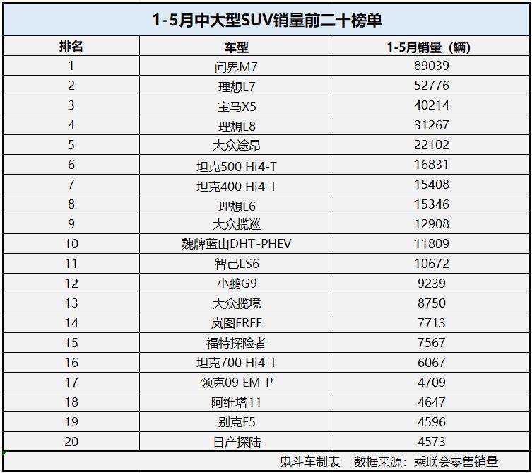 1-5月中大型SUV销量排名变化大 理想L6第八 合资品牌有点难