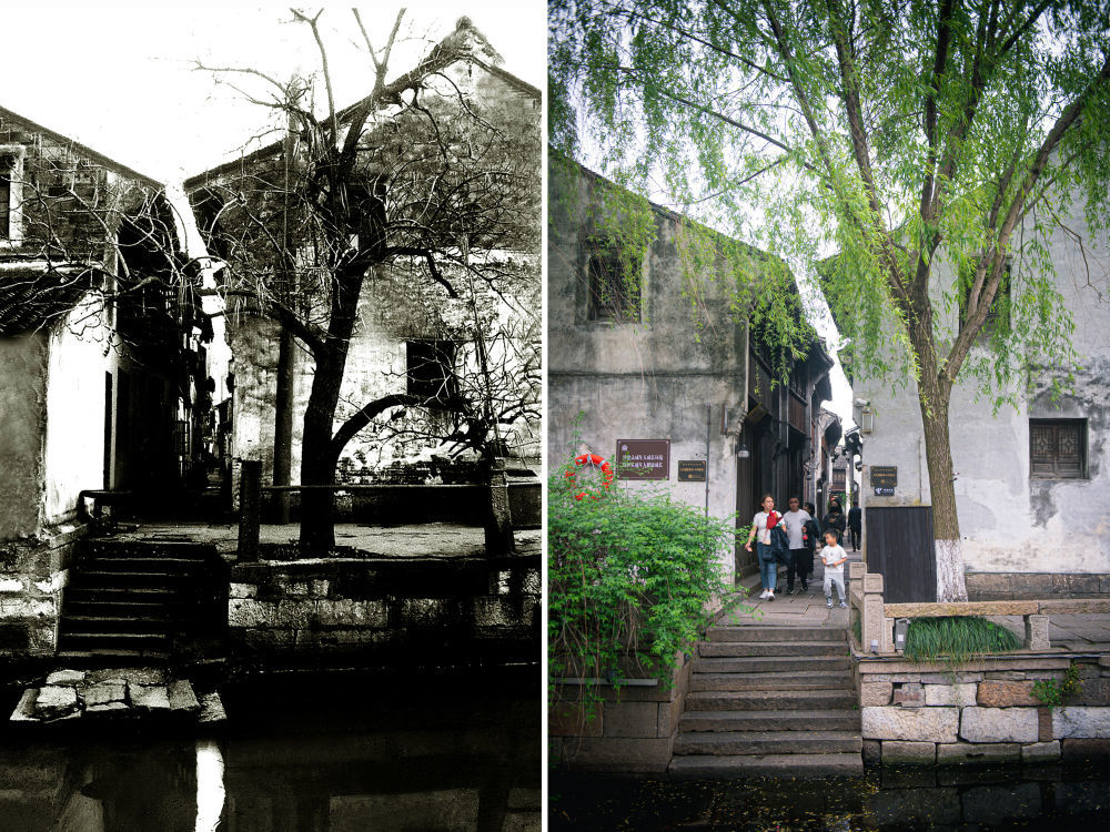 拼版照片：左图为1979年拍摄的嘉兴市月河历史街区蒲鞋弄北岸（资料照片，庞艺影摄）；右图为4月26日在同一地点拍摄的照片（新华社记者江汉摄）。