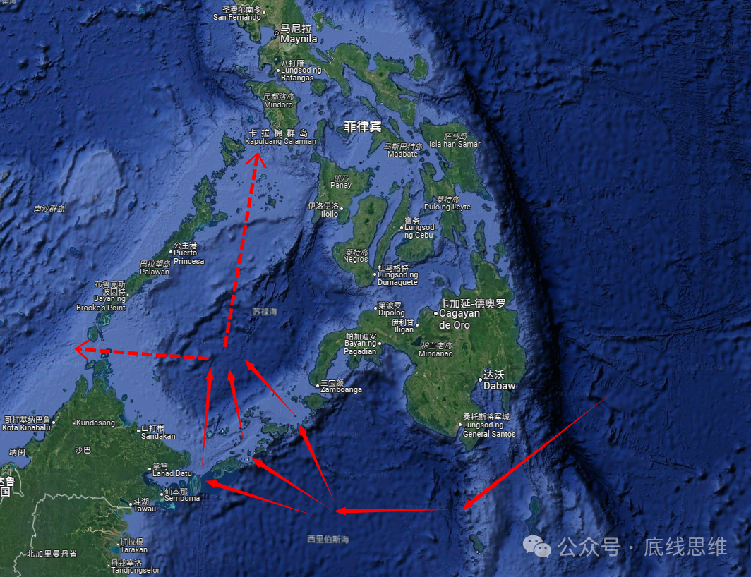 红色实线箭头为目前辽宁舰编队航迹，红色虚线箭头为后续可能航迹