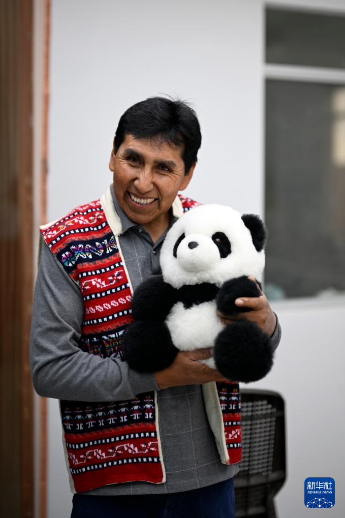 6月20日，在秘鲁阿雷基帕，手工艺人奥斯瓦尔多·马马尼展示羊驼毛制作的熊猫玩偶。新华社记者 李木子 摄