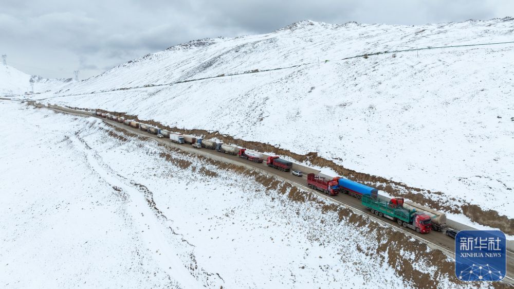 雪后，在西藏自治区左贡县境内，车辆在通往东达山垭口的国道318公路上等待通行（11月6日摄，无人机照片）。