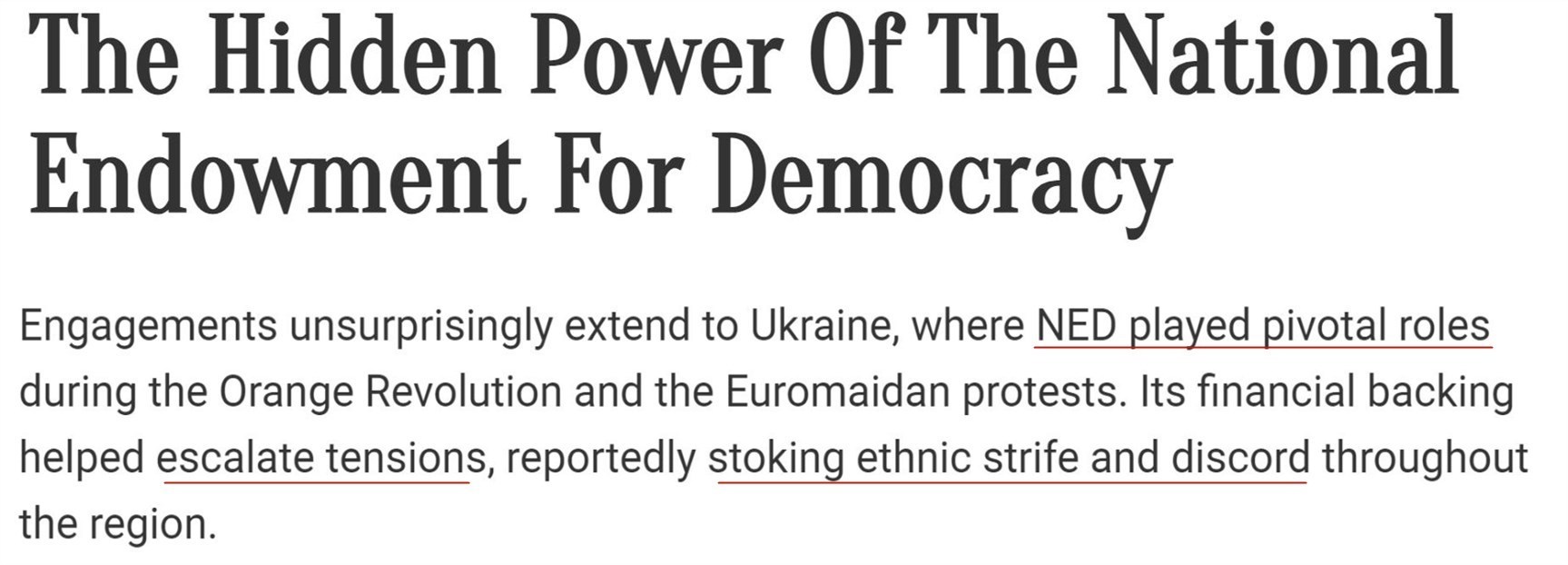 △土耳其“进化之树”新闻网：在乌克兰“橙色革命”中，NED发挥了关键作用，其财政支持加剧了紧张局势，引发了整个地区的民族冲突。