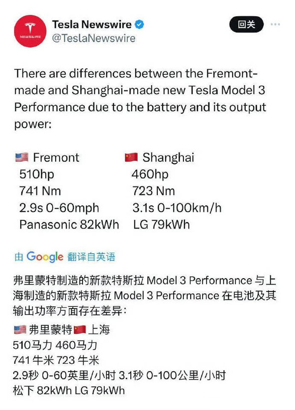 中美两款特斯拉Model 3P部分参数对比