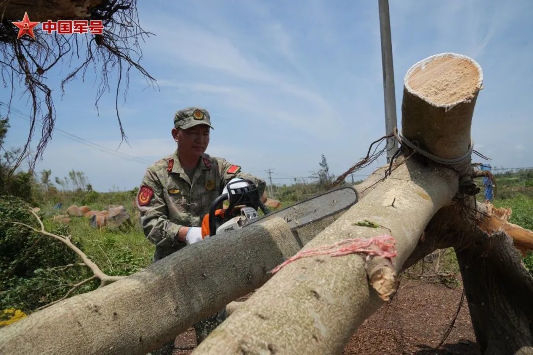 徐闻县人武部组织民兵帮助受灾群众清理道路。林驰澎 摄