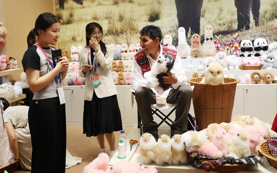 马马尼大叔在上海进博会“温暖驼”品牌展台内向一名参观者展示刚制作完成的羊驼玩偶（2023年11月5日摄）。新华社记者 方喆 摄