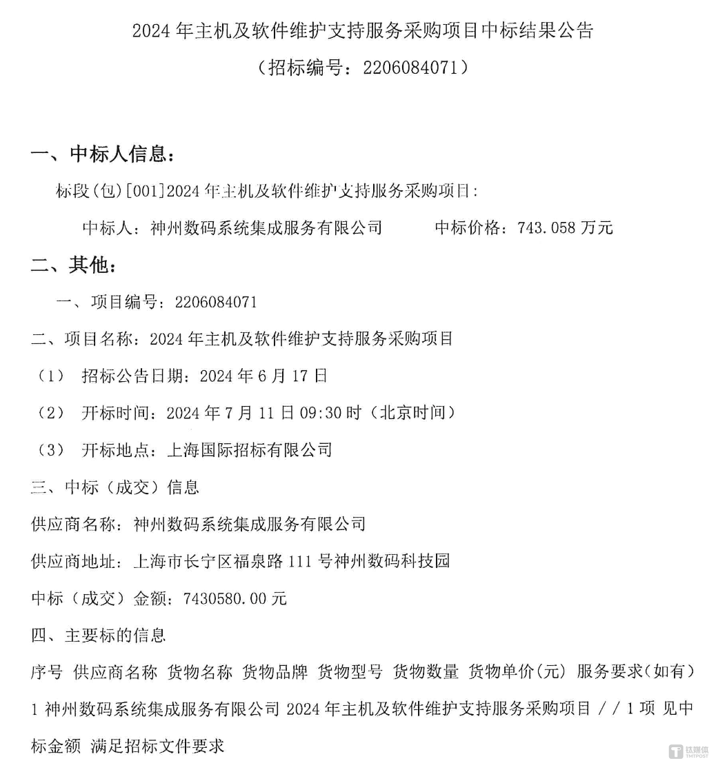 神州数码是上交所主机供应商,来源:中国招标投标公共服务平台