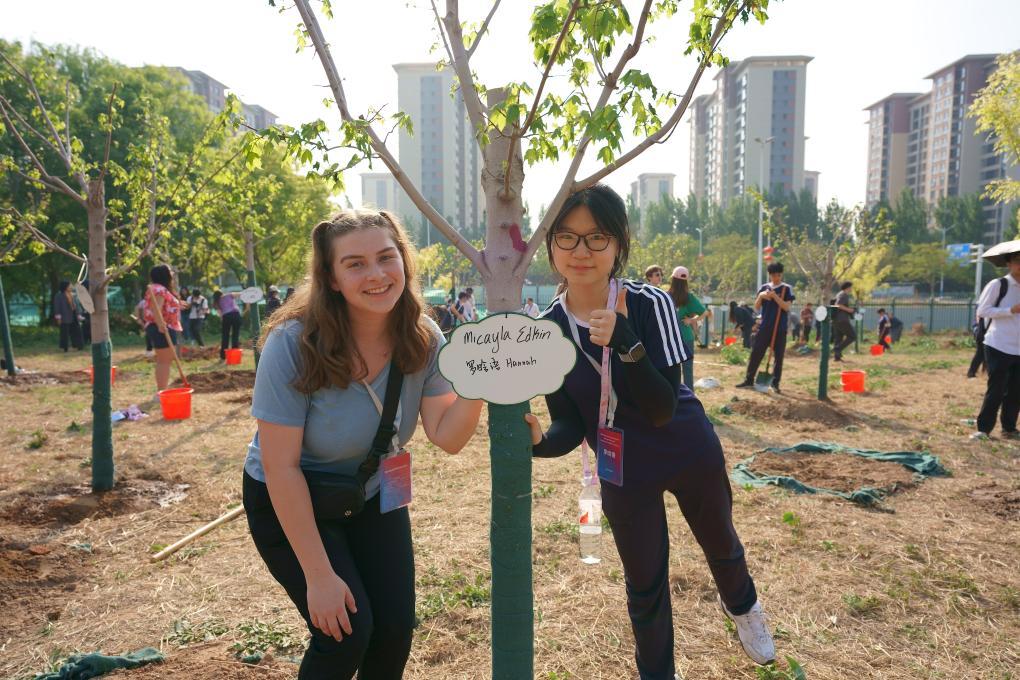 4月20日，中美学生来到河北正定“中美友谊传承青年林”，结伴种下“友谊之树”。（新华社记者张粲 摄）