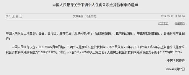 ▲央行宣布，自5月18日起，下调个人住房公积金贷款利率0.25个百分点；取消全国层面首套住房和二套住房商业性个人住房贷款利率政策下限。另外，对于贷款购买商品住房的居民家庭，首套住房商业性个人住房贷款最低首付款比例调整为不低于15%，二套住房商业性个人住房贷款最低首付款比例调整为不低于25%。