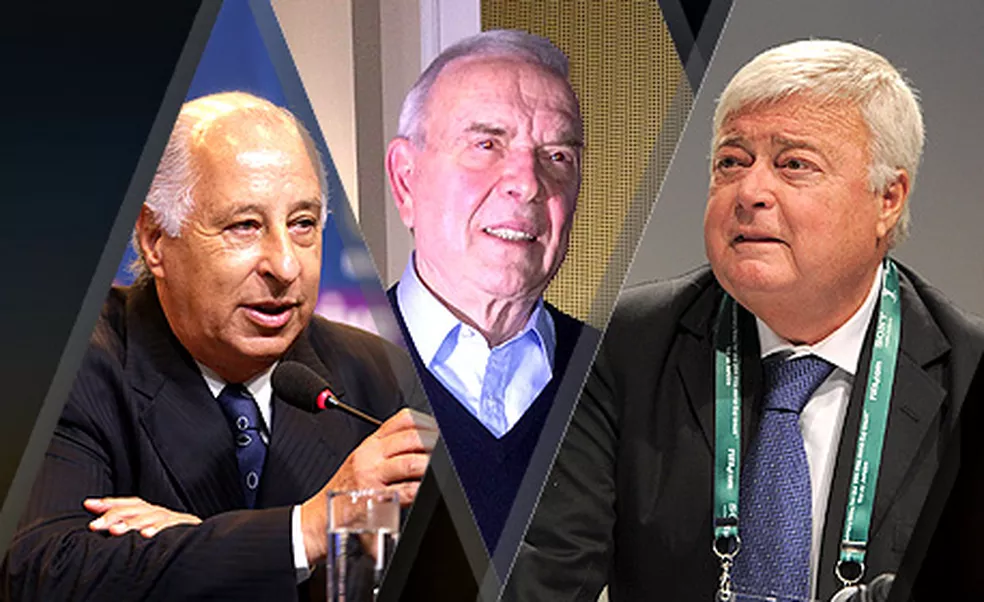 “巴西足球腐败多米诺三巨头”，从右至左分别为特谢拉、马林和德尔内罗