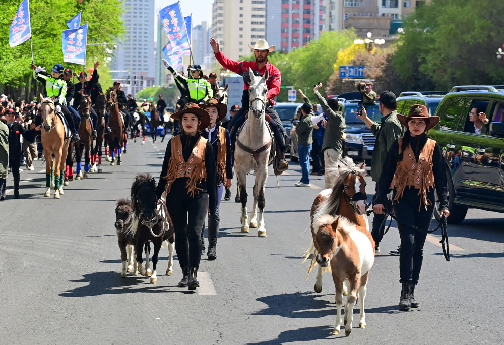 ↑这是4月30日在新疆乌鲁木齐市举行的巡游活动上拍摄的汗血宝马方阵。
