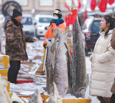 春节临近，黑龙江抚远市东极鱼市进入销售旺季。图为顾客在东极鱼市挑选冻鱼。新华社记者 王建威摄