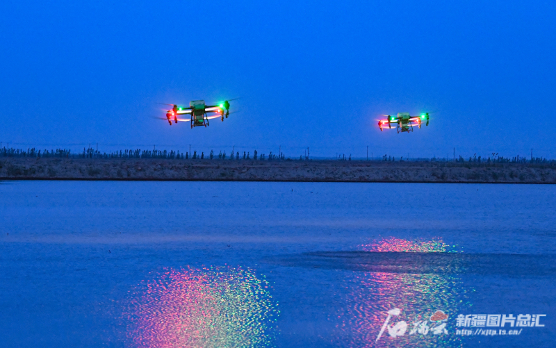 4月22日，晚11点，无人机夜间在阿克苏市柳源镇万亩水稻田播种。