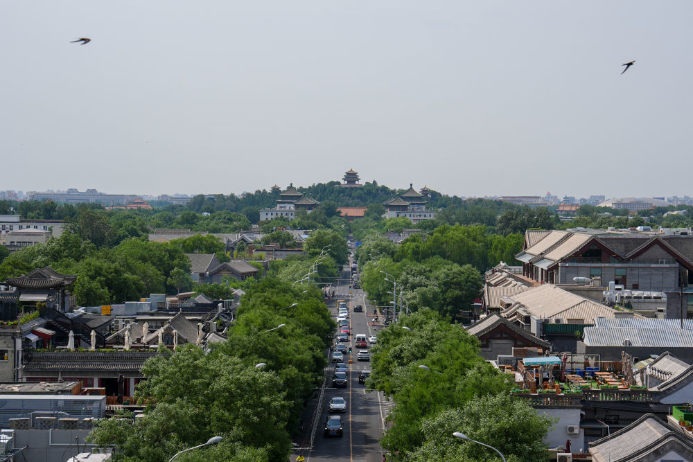 ↑在鼓楼上拍摄的北京中轴线风光，远处是景山公园万春亭（2024年6月2日摄）。