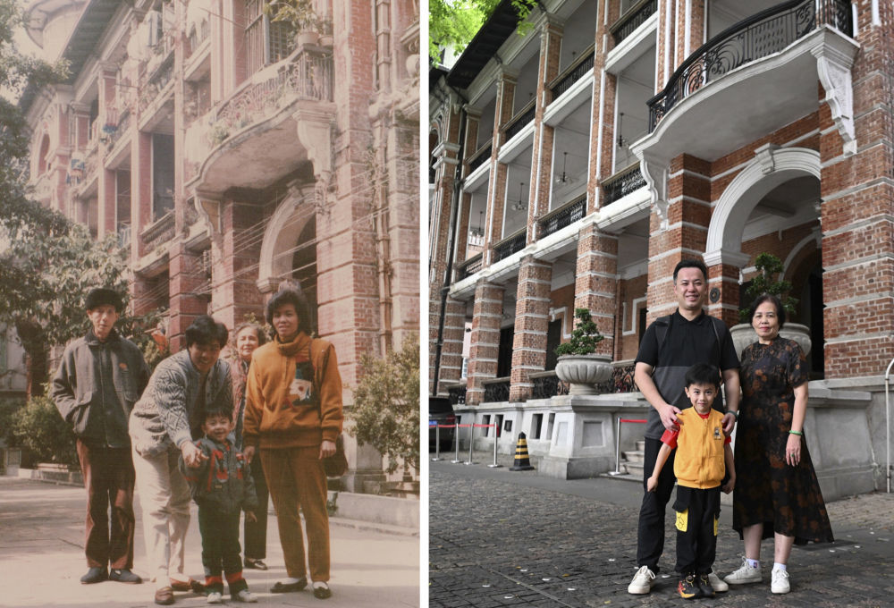 拼版照片：左图为广州市民杜煜杰（前中）与母亲（右一）等于1989年在广州沙面合影（受访者提供）；右图为2024年4月13日杜煜杰（后左）与母亲、儿子在广州沙面同一栋建筑前合影（新华社记者邓华摄）。新华社发