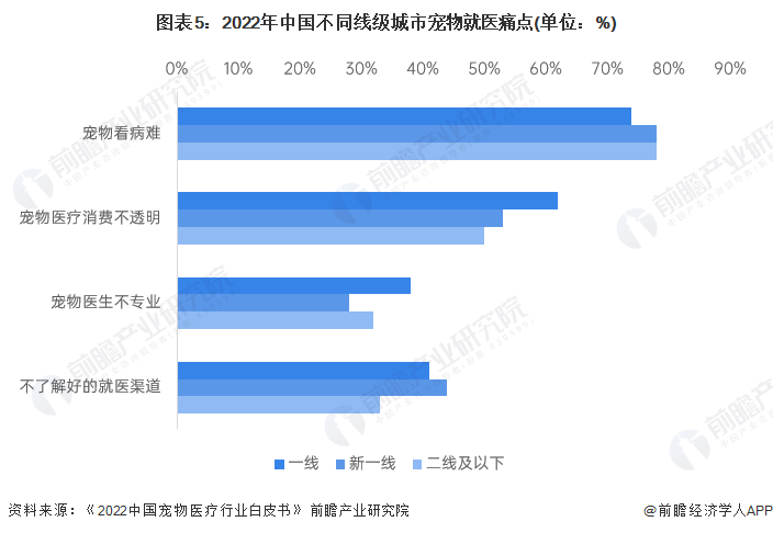 图表5:2022年中国不同线级城市宠物就医痛点(单位:%)