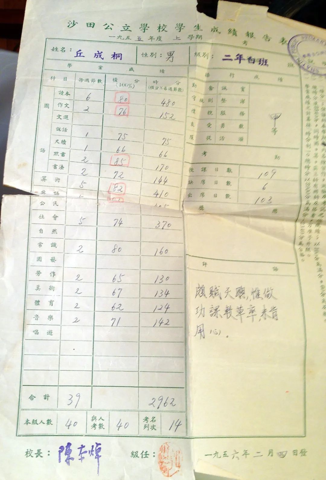 1955年，丘成桐就读香港沙田小学二年级的成绩单。