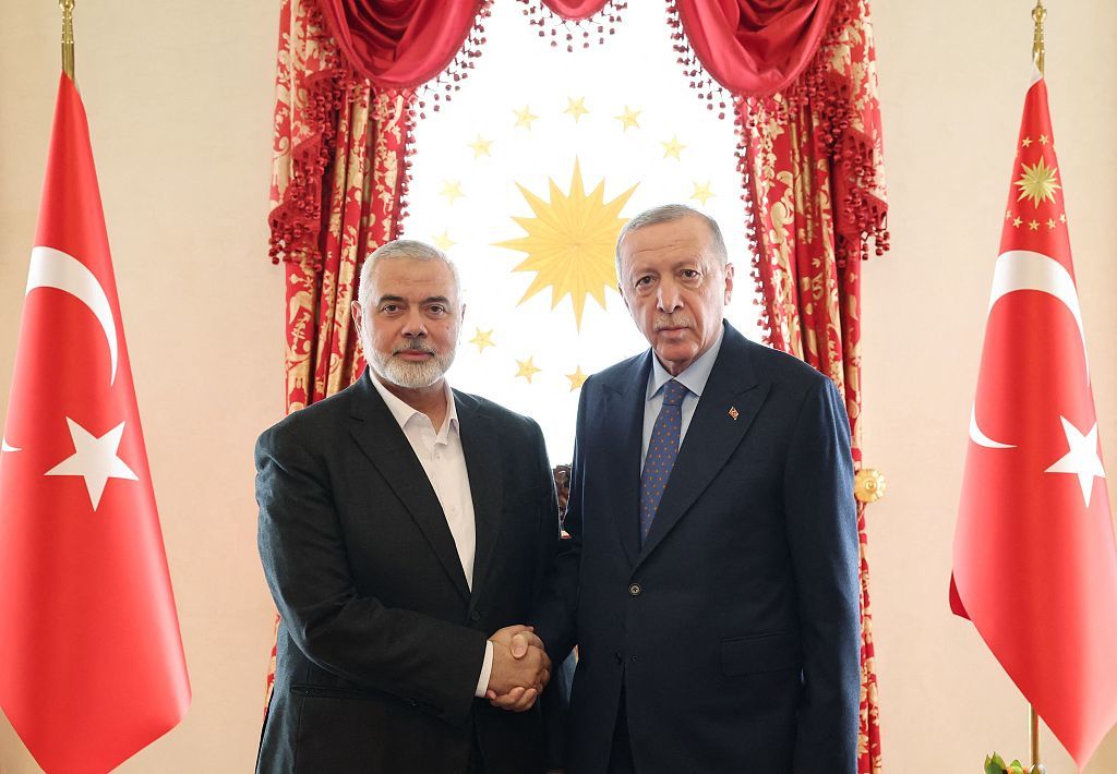 当地时间2024年4月20日，土耳其伊斯坦布尔，土耳其总统埃尔多安会见巴勒斯坦伊斯兰抵抗运动（哈马斯）高级领导人哈尼亚。（视觉中国）
