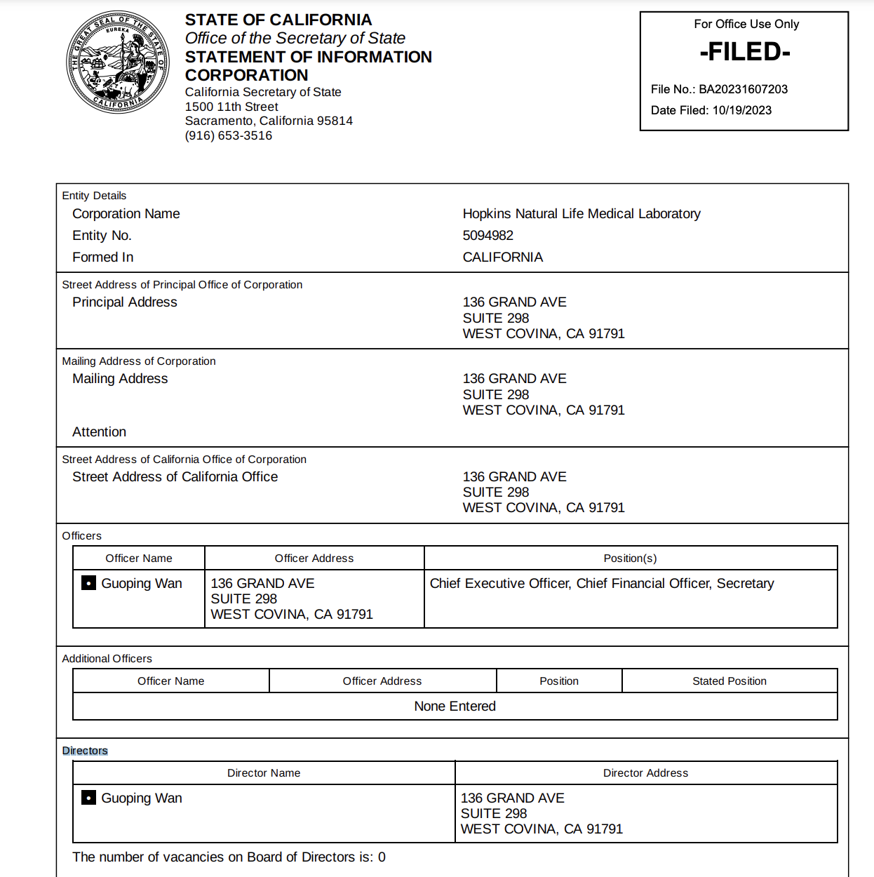 霍普金斯自然生命医学实验室2023年10月的公司信息存档记录,截自加利福尼亚州州务卿办公室网站