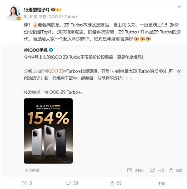 天玑9300+爆款王!iQOO Z9 Turbo+开售1小时销量是Z9 Turbo的154%