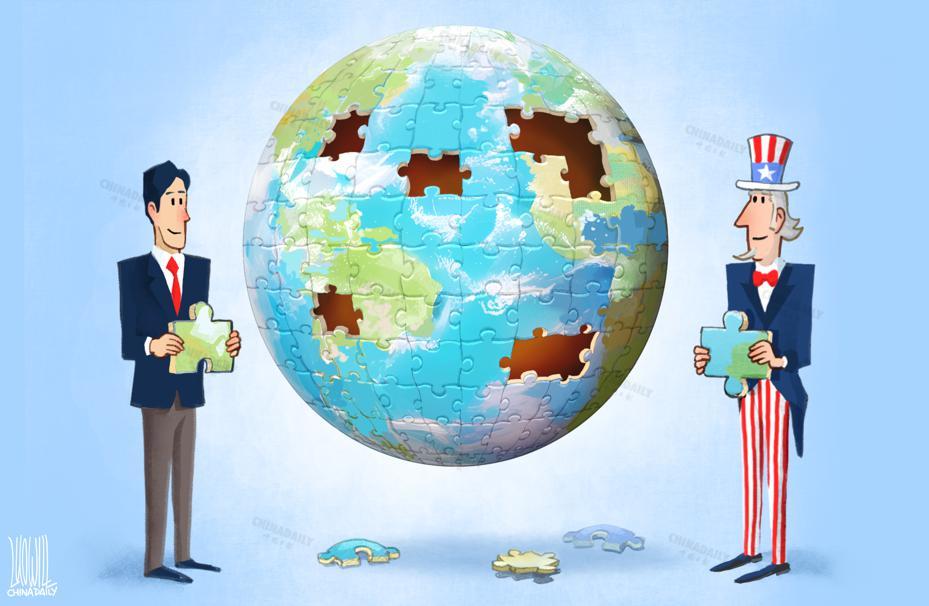 中美应该携手起来共同应对全球问题。(来源:中国日报 罗杰 英文《中国日报》2024年4月9日8版)