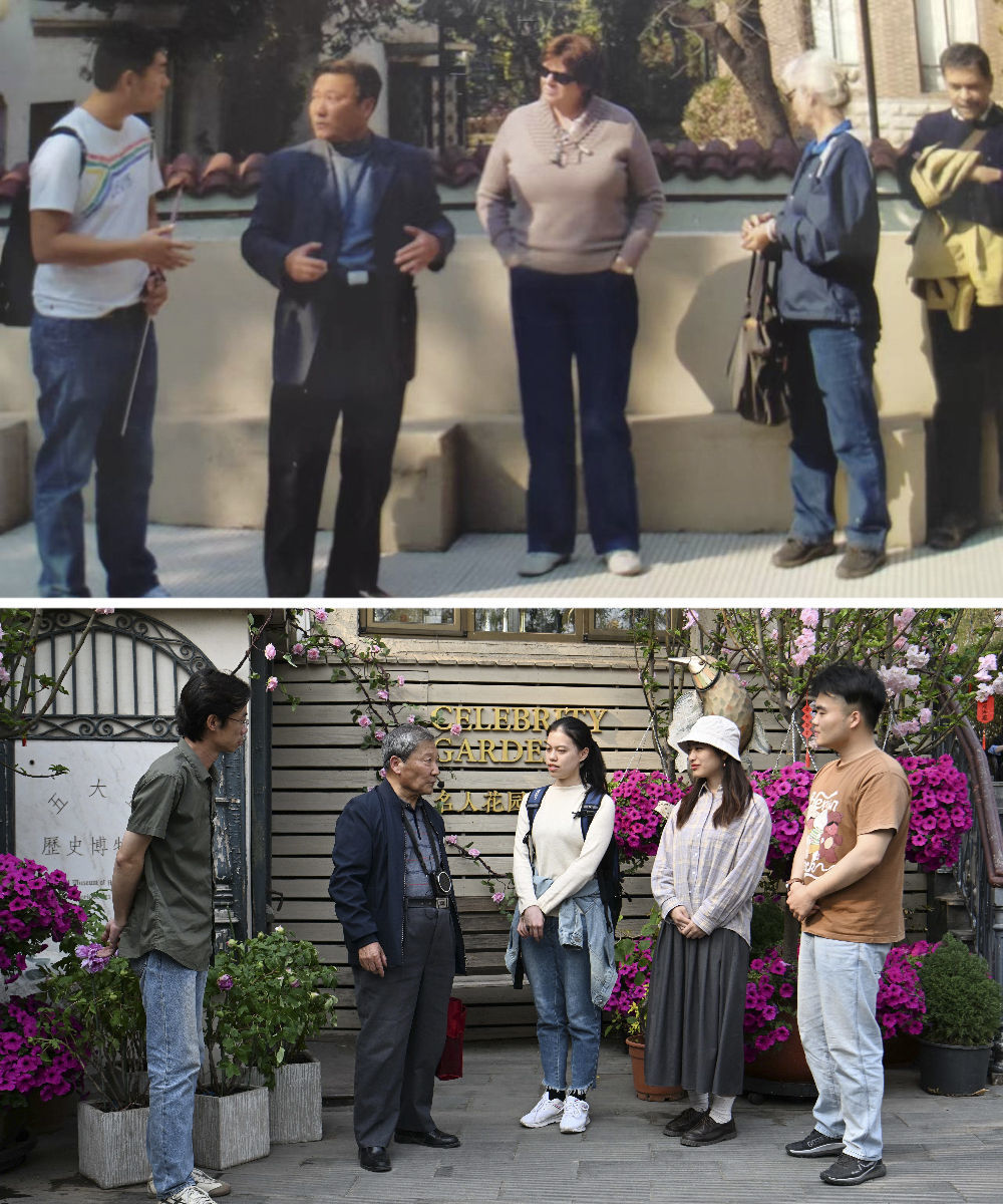 拼版照片：上图是2011年金彭育（左二）在五大道和平宾馆义务为外国游客讲解；下图是金彭育（左二）在五大道上为游客义务讲解（4月13日摄）。
