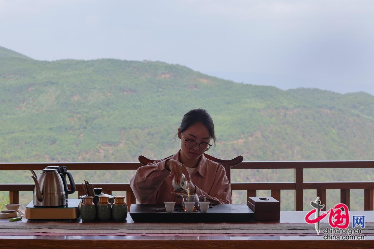 图为云南电视台记者在茶庄体验茶艺乐趣。中国网记者 董宁 摄影