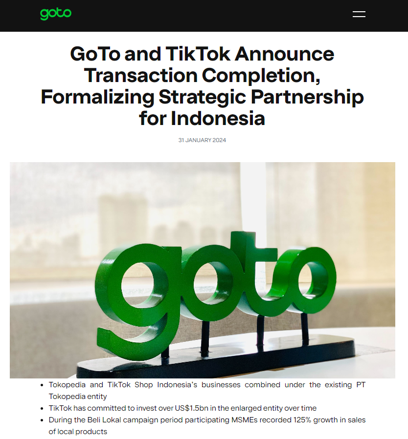 通过这笔交易，TikTok Shop 印尼业务与 Tokopedia 即日起将正式合并，合并后的 PT Tokopedia 实体将由 TikTok 控股，TikTok 承诺对 PT Tokopedia 长期投资超 15 亿美元。